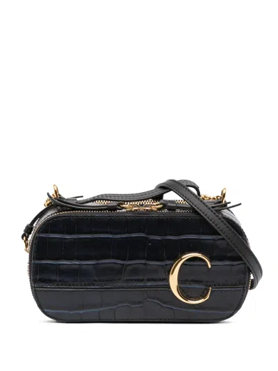 Pre-owned Chloé 2020 Mini Croc Embossed Leather C Vanity Bag Satchel In Black
