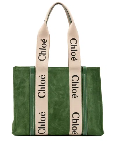 Pre-owned Chloé 2021 Medium Suede Woody Tote Bag In Green