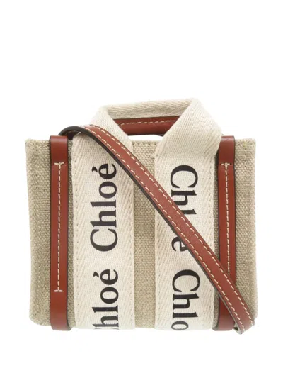 Pre-owned Chloé 2021-2026 Nano Canvas Woody Satchel In Neutral