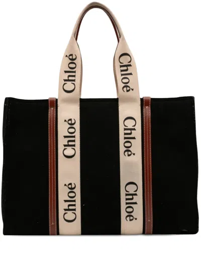 Pre-owned Chloé 2022 Large Wool Woody Tote Bag In Black