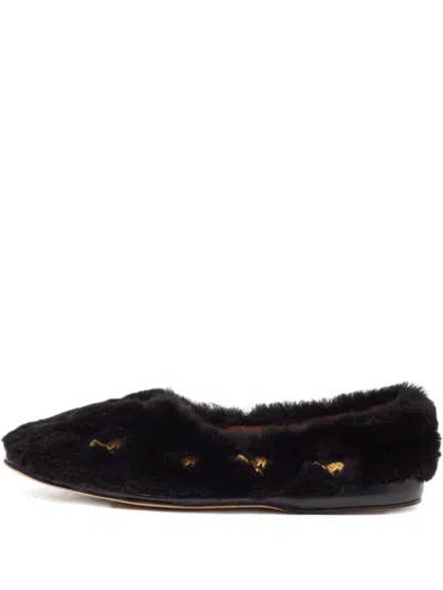 Pre-owned Chloé 2024 Fur Star-detail Ballet Flats In Black