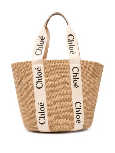 Pre-owned Chloé 2024 Large Raffia Woody Basket Tote Bag In Brown