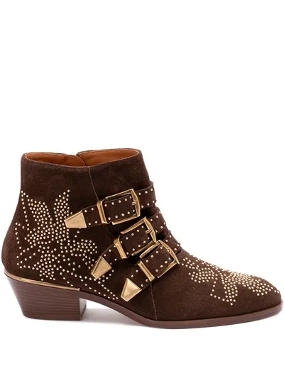 Chloé 30mm Susanna Studded Buckle Ankle Boots In Brown