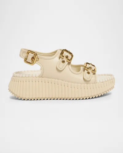 Chloé 50mm Nama Leather Wedge Sandals In White