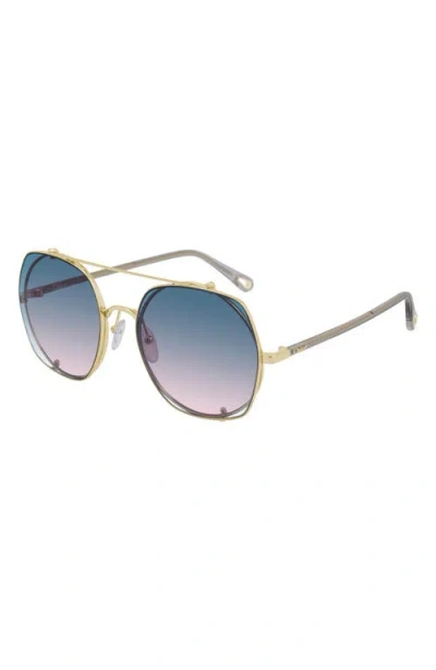 Chloé 56mm Round Sunglasses With Clip-on Aviator Lenses In Gold