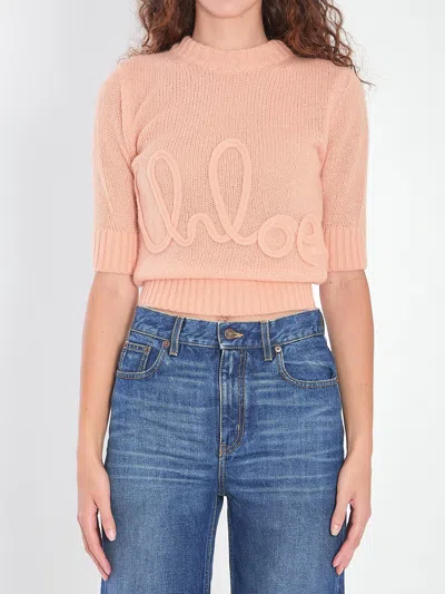 Chloé Alpaca Wool And Silk Knit Elbow-sleeve Logo Sweater In Pink