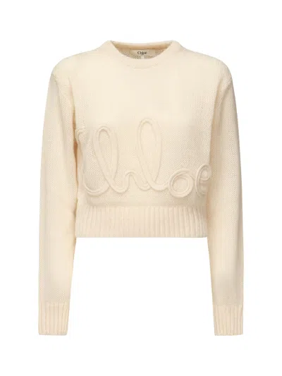 Chloé Alpaca Wool And Silk Knitted Logo Sweater In Beige