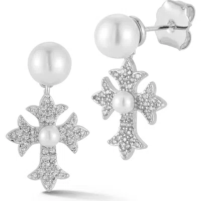 Chloe & Madison Chloe And Madison Faux Pearl & Cubic Zirconia Cross Drop Earrings In Silver