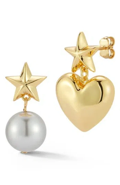 Chloe & Madison Chloe And Madison Mismatched Puffy Heart & Faux Pearl Drop Earrings In Gold