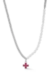 Chloe & Madison Chloe And Madison Partial Faux Pearl Cross Pendant Necklace In Metallic