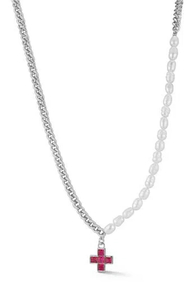 Chloe & Madison Chloe And Madison Partial Faux Pearl Cross Pendant Necklace In Metallic