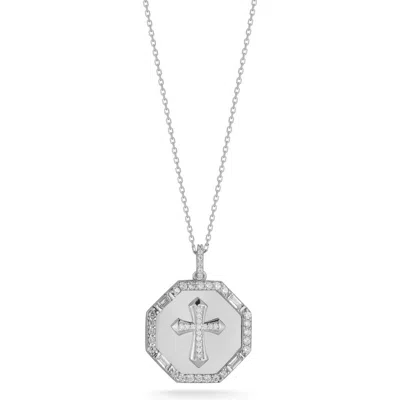 Chloe & Madison Chloe And Madison Rhodium Plate Cubic Zirconia Cross Coin Pendant Necklace In Silver