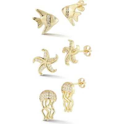 Chloe & Madison Chloe And Madison Set Of 3 Cubic Zirconia Sea Life Stud Earrings In Gold
