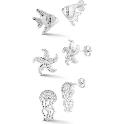 Chloe & Madison Chloe And Madison Set Of 3 Cubic Zirconia Sea Life Stud Earrings In Silver