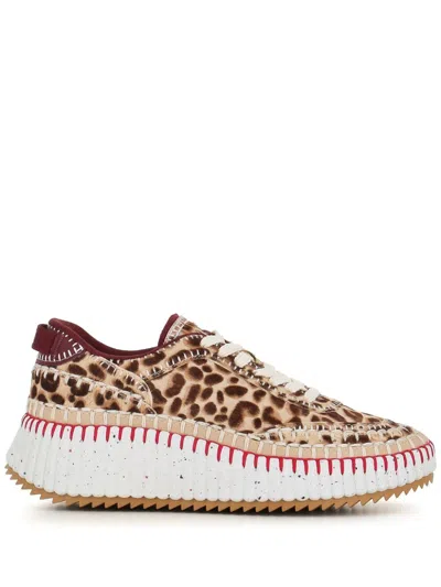 Chloé Nama Embroidered Grosgrain And Leather-trimmed Leopard-print Calf Hair Sneakers In Multi