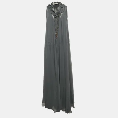 Pre-owned Chloé Anthracite Grey Crepe Silk Beaded Maxi Dress L