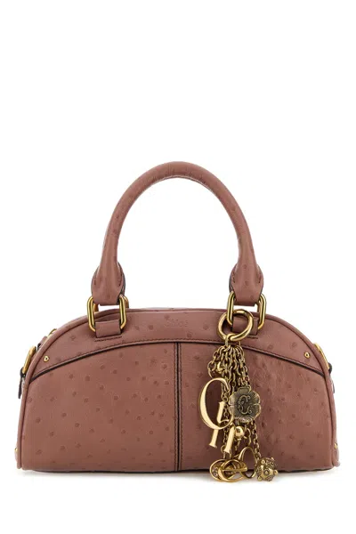 Chloé Antiqued Pink Leather Bowling Handbag In Brown