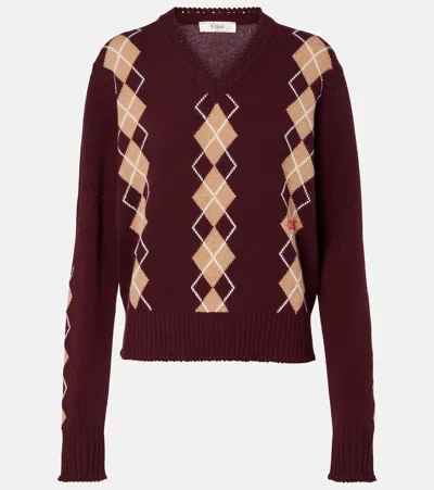 Chloé Chloe Argyle Wool And Cashmere Sweater In Burgundy