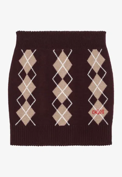 Chloé Argyle Wool Knit Mini Skirt In Burgundy