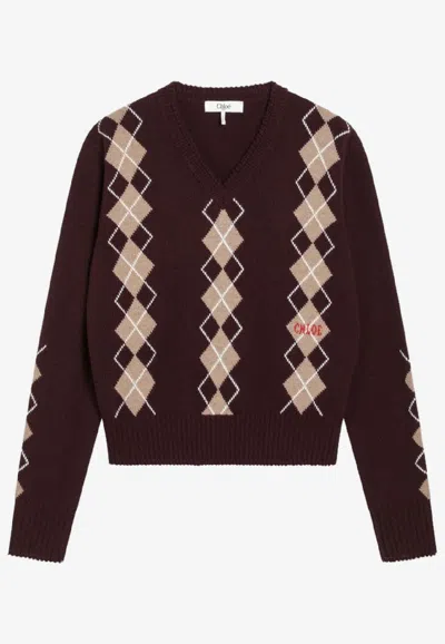 CHLOÉ ARGYLE WOOL KNIT SWEATER