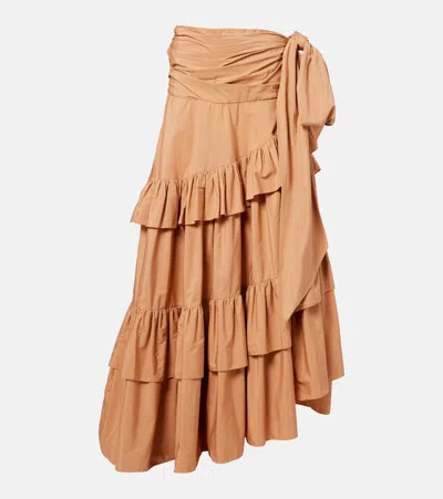 Chloé Bow-detailed Ruffled Organic Cotton-poplin Midi Skirt In Brown