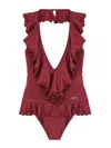 Chloé Halterneck One-piece Swimsuit Ruffle Detailing In Burgundy