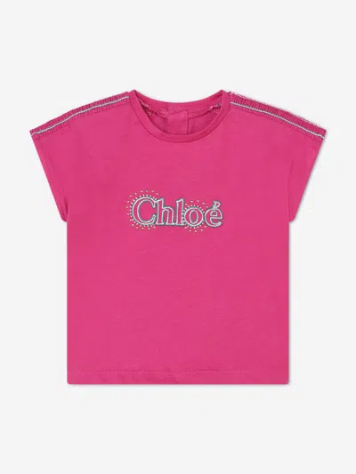 Chloé Babies' Logo刺绣棉t恤 In Pink