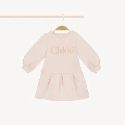 Chloé Baby Long-sleeve Logo Dress Pink Size 9-12 100% Cotton In Burgundy