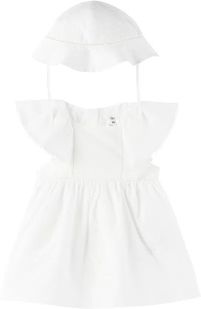 Chloé Baby White Embroidered Dress & Hat Set In 117 Offwhite