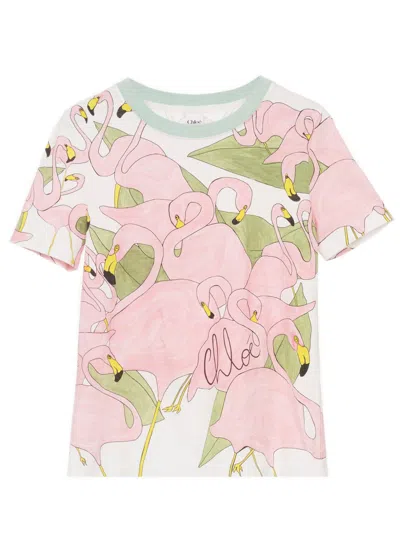 Chloé All-over Flamingo Print Logo T-shirt Size S In White