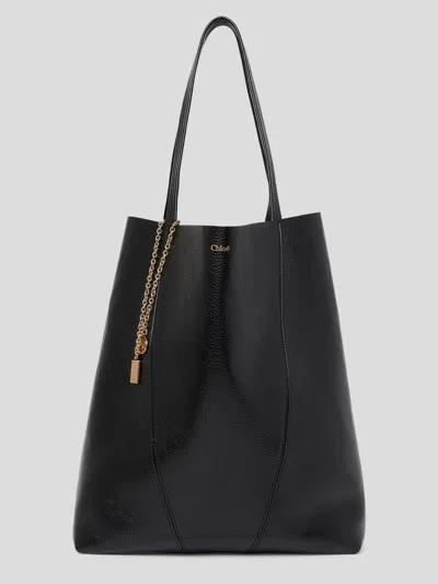 Chloé Spin Tote Bag In Grained Leather In Black