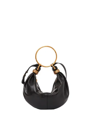 Chloé Bracelet Embellished Glossed Textured-leather Shoulder Bag In Black