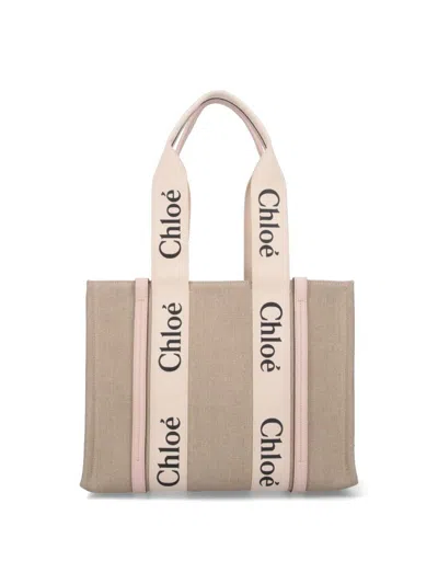 Chloé Linen Medium Tote Bag With Contrasting Straps In Neutrals