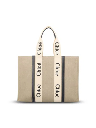 Chloé Sac Cabas Moyen Woody En Lin In Blue
