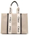 Chloé Large Woody Tote Bag In Linen White Size Onesize 100% Linen, Calf-skin Leather, Polyester In Neutral