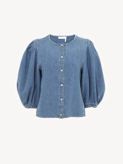 Chloé Balloon Sleeve Denim Blouse Foggy Blue