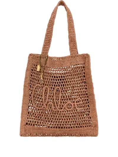 Chloé Chloe Women Antiqued Pink Raffia Estate Banana Shopping Bag In Pattern