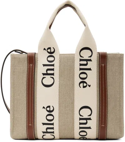 Chloé Beige & Brown Small Woody Tote In 90u White - Brown 1