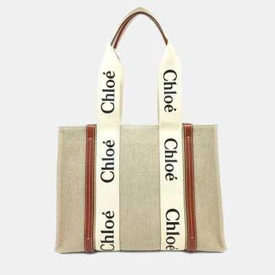 Pre-owned Chloé Beige Brown Canvas Woody Bag Medium In Sand