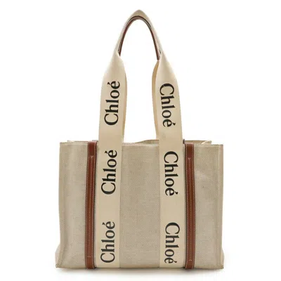 Pre-owned Chloé Beige Brown Linen Leather Shoulder Bag Tote Bag () In Multi