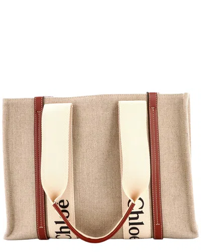 Chloé Beige Canvas & Leather Woody Tote Medium (authentic Pre-loved) In Brown
