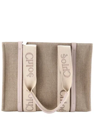 Chloé Beige Canvas & Leather Woody Tote Medium (authentic Pre-loved) In Brown