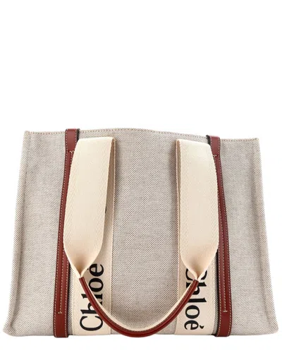 Chloé Beige Canvas & Leather Woody Tote Medium (authentic Pre-loved) In Gray