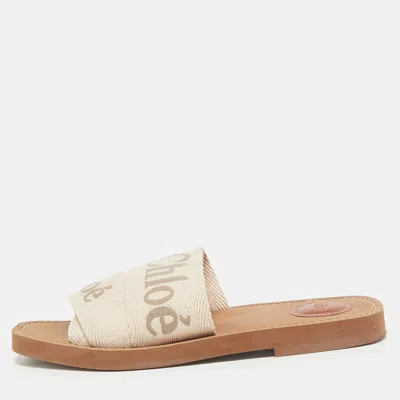 Pre-owned Chloé Beige Canvas Logo Ribbon Woody Flat Slide Sandals Size 37