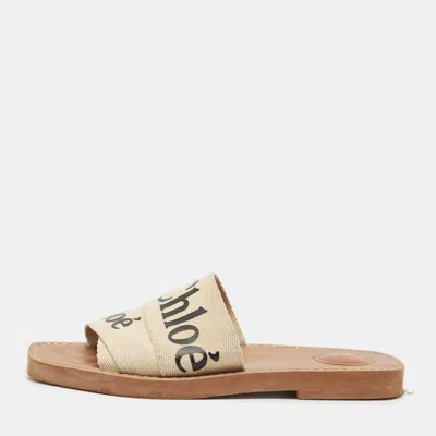 Pre-owned Chloé Beige Canvas Logo Ribbon Woody Flat Slide Sandals Size 37