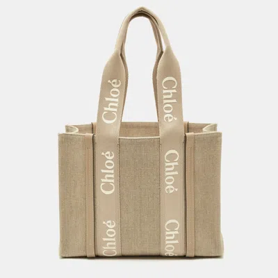 Pre-owned Chloé Beige Canvas Medium Woody Tote In Sand