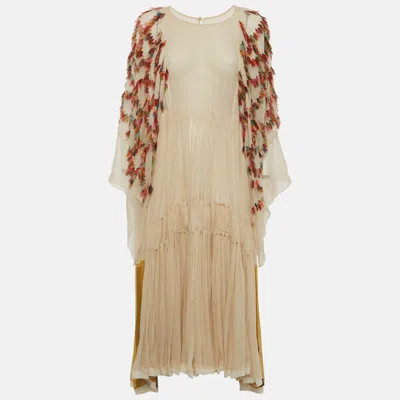 Pre-owned Chloé Beige Chiffon Applique Tiered Midi Dress M In Sand