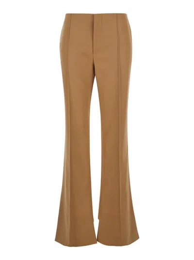 Chloé Beige Flared Pants With Asymmetric Hem In Grain De Poudre Wool Woman In Brown