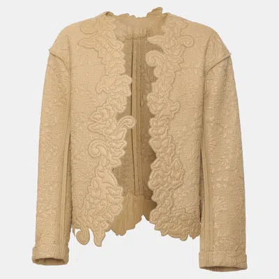 Pre-owned Chloé Beige Floral Embroidered Lambskin Leather Open Front Scalope Jacket M In Sand