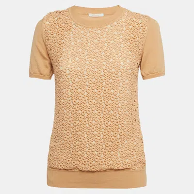 Pre-owned Chloé Beige Lace And Wool Short Sleeve Sweatshirt S